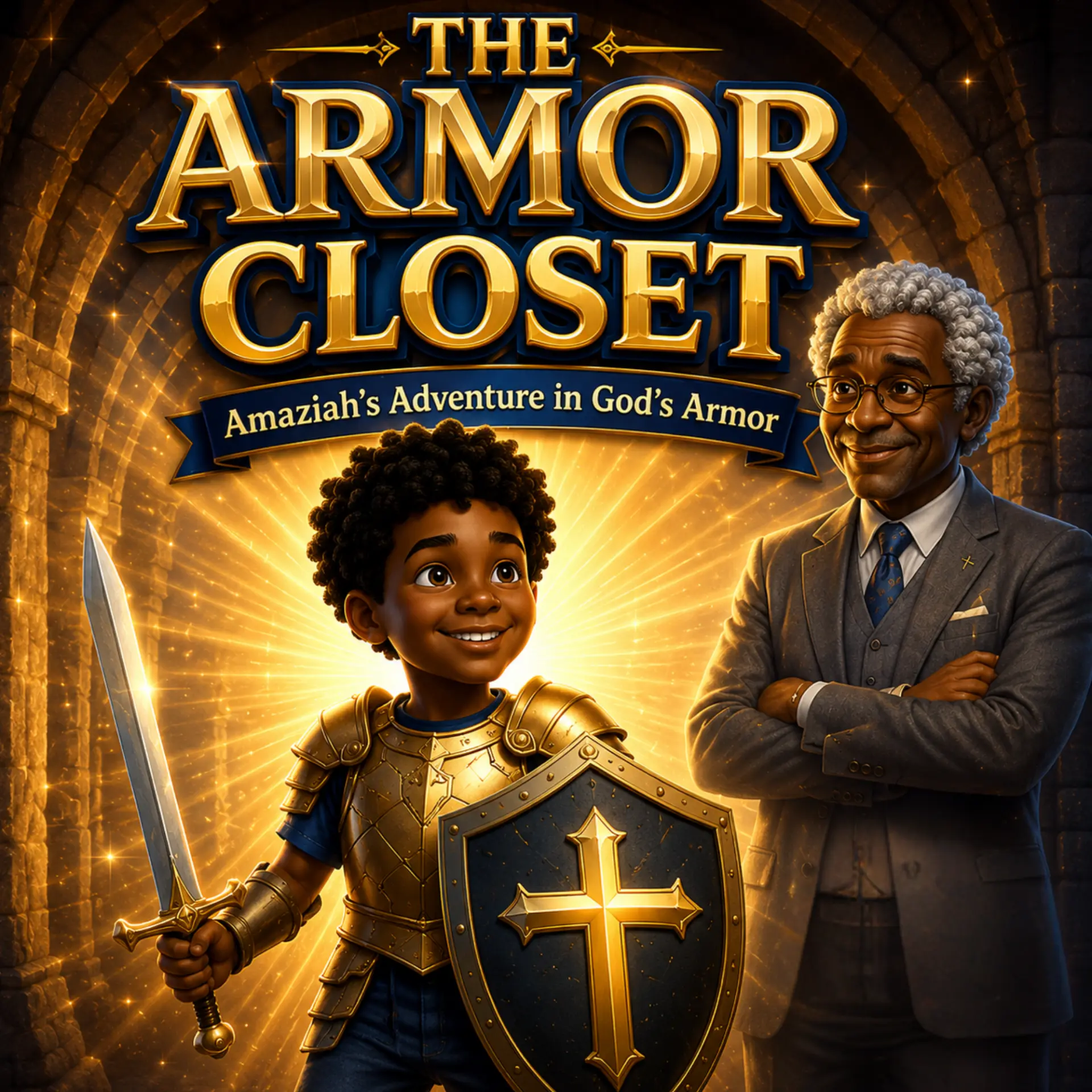 The Armor Closet book cover — a boy in golden armor holding a sword and shield